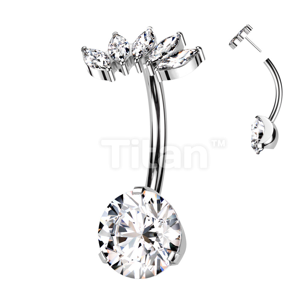 Implant Grade Titanium Threadless Push In Prong Set Bottom With 5 Marquise CZ Fan Top Belly Button Ring - Image 3