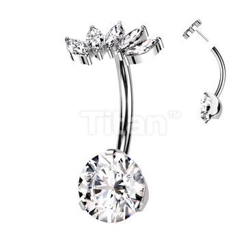 Implant Grade Titanium Threadless Push In Prong Set Bottom With 5 Marquise CZ Fan Top Belly Button Ring - Image 3