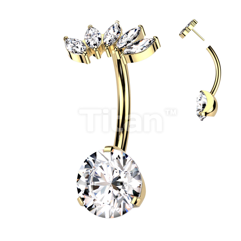 Implant Grade Titanium Threadless Push In Prong Set Bottom With 5 Marquise CZ Fan Top Belly Button Ring - Image 4