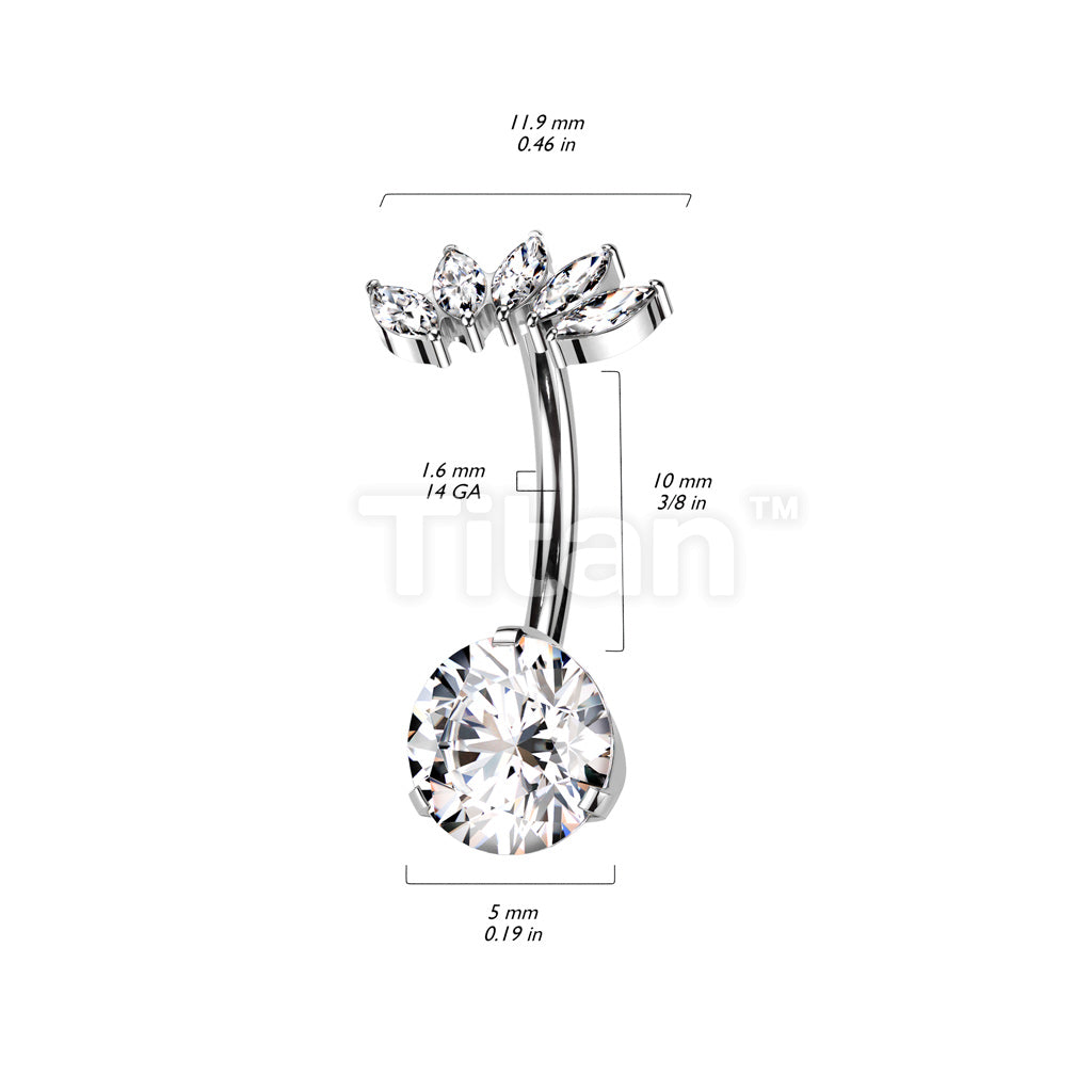 Implant Grade Titanium Threadless Push In Prong Set Bottom With 5 Marquise CZ Fan Top Belly Button Ring - Image 6