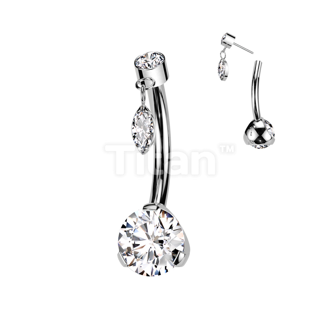 Implant Grade Titanium Threadless Push In Prong Set Bottom With Bezel Set CZ and Marquise CZ Dangle Top - Image 2