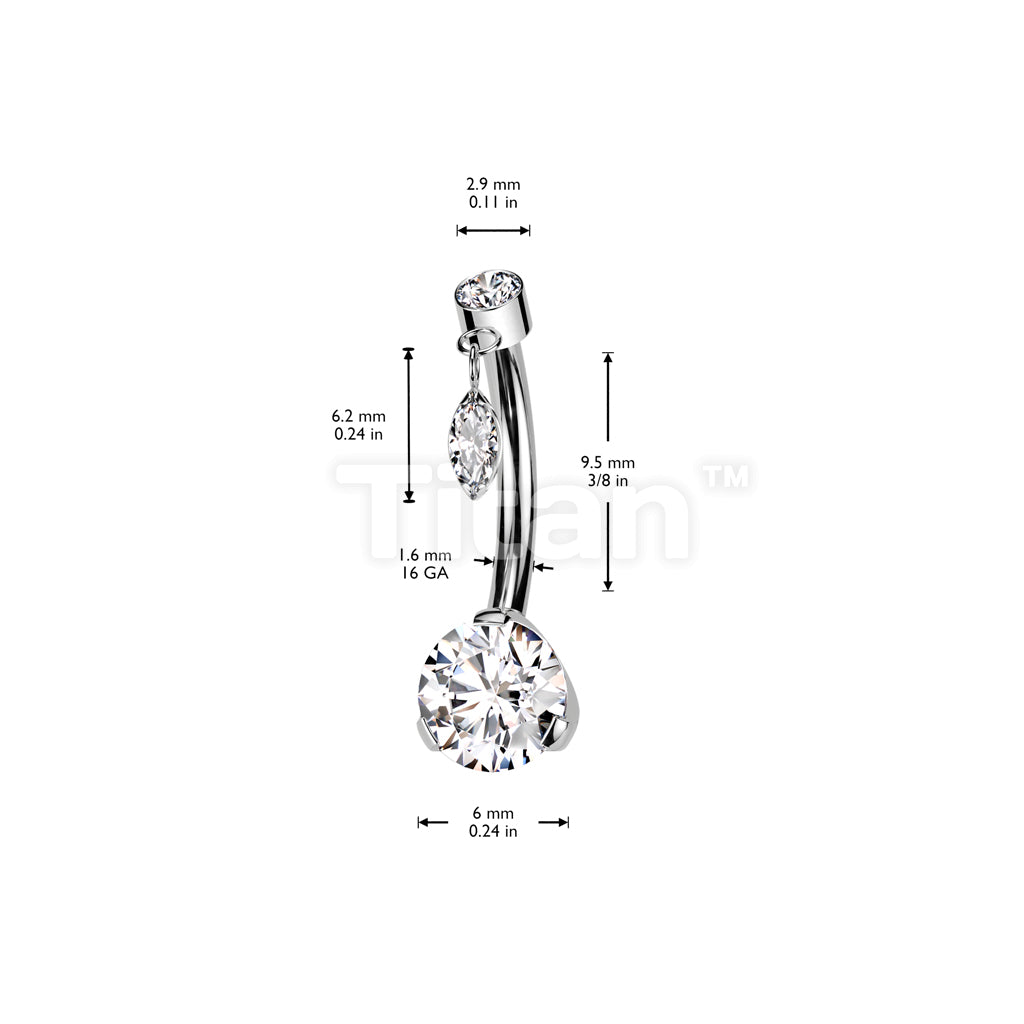 Implant Grade Titanium Threadless Push In Prong Set Bottom With Bezel Set CZ and Marquise CZ Dangle Top - Image 4