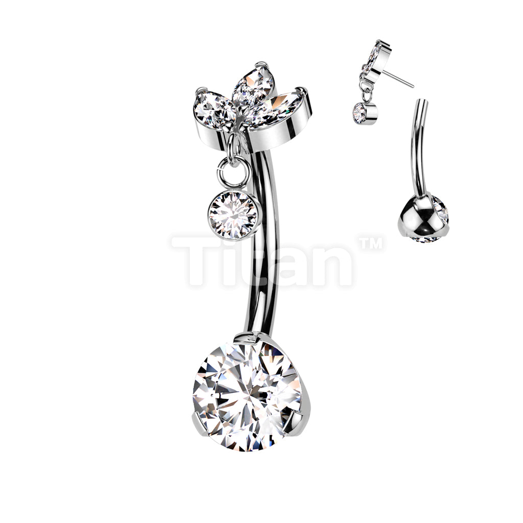 Implant Grade Titanium Threadless Push In Prong Set Bottom With 3 Marquise CZ and Round Bezel Set CZ Dangle Top - Image 2