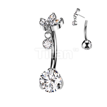 Implant Grade Titanium Threadless Push In Prong Set Bottom With 3 Marquise CZ and Round Bezel Set CZ Dangle Top - Image 2