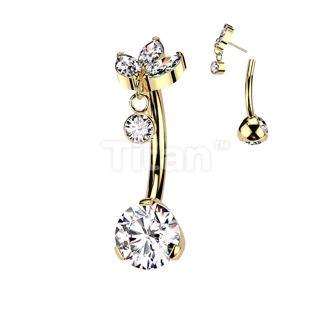 Implant Grade Titanium Threadless Push In Prong Set Bottom With 3 Marquise CZ and Round Bezel Set CZ Dangle Top - Image 3