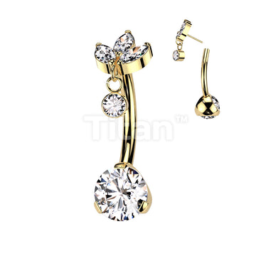 Implant Grade Titanium Threadless Push In Prong Set Bottom With 3 Marquise CZ and Round Bezel Set CZ Dangle Top - Image 3