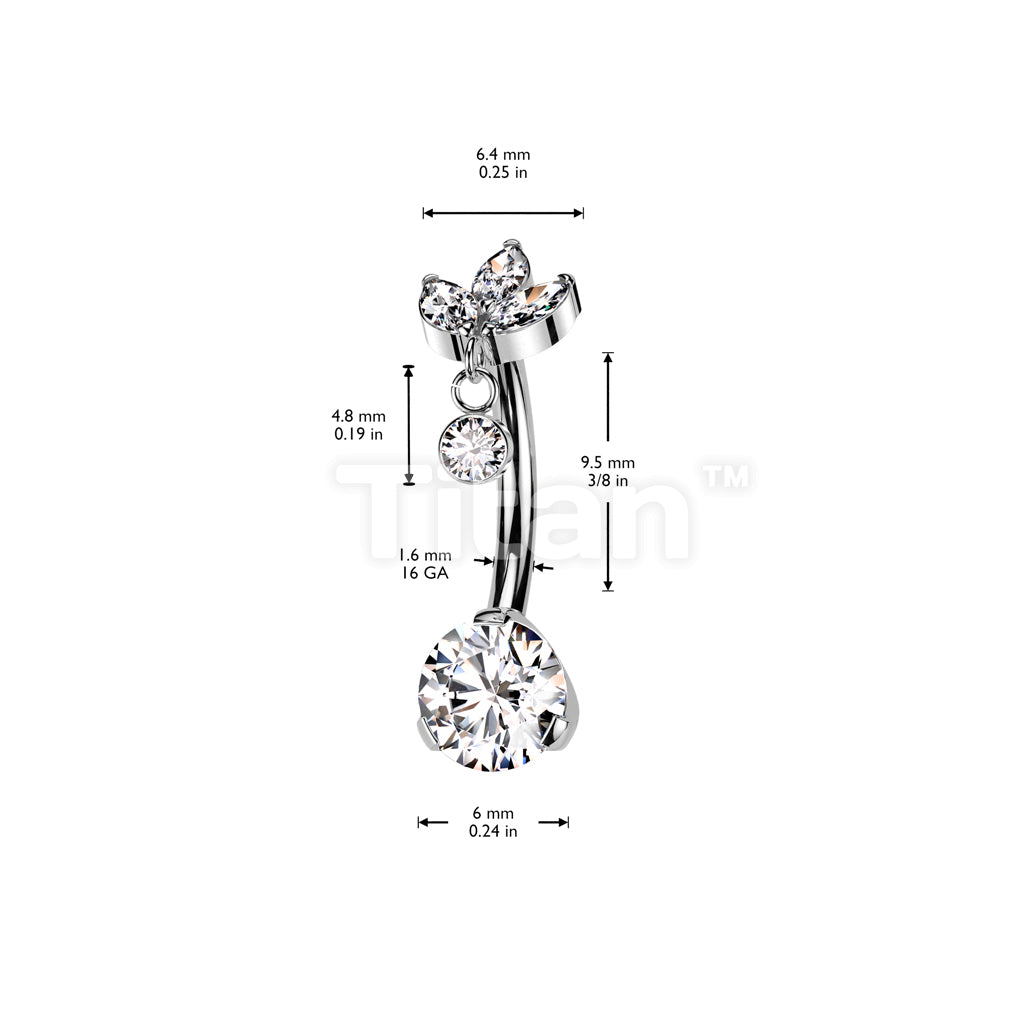 Implant Grade Titanium Threadless Push In Prong Set Bottom With 3 Marquise CZ and Round Bezel Set CZ Dangle Top - Image 4