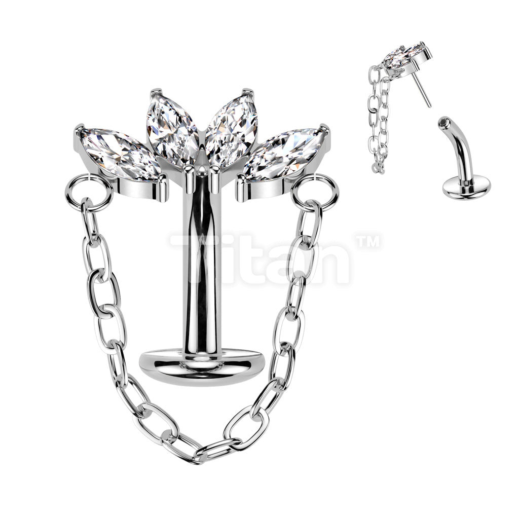Implant Grade Titanium Threadless Floating Base Belly Button Ring With Chain Linked 4 Marquise CZ Fan Top - Image 2