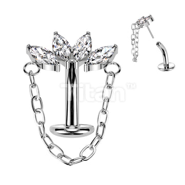Implant Grade Titanium Threadless Floating Base Belly Button Ring With Chain Linked 4 Marquise CZ Fan Top - Image 2