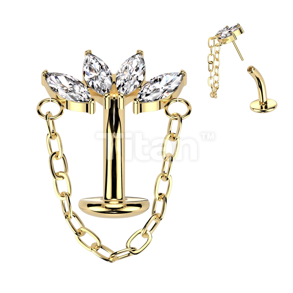 Implant Grade Titanium Threadless Floating Base Belly Button Ring With Chain Linked 4 Marquise CZ Fan Top - Image 3
