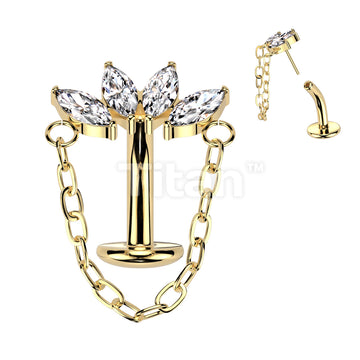 Implant Grade Titanium Threadless Floating Base Belly Button Ring With Chain Linked 4 Marquise CZ Fan Top - Image 3