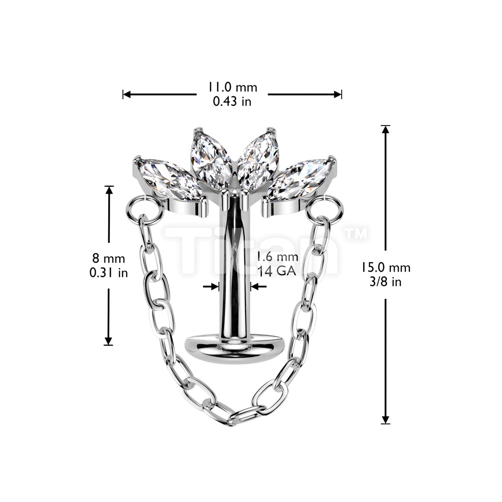 Implant Grade Titanium Threadless Floating Base Belly Button Ring With Chain Linked 4 Marquise CZ Fan Top - Image 4