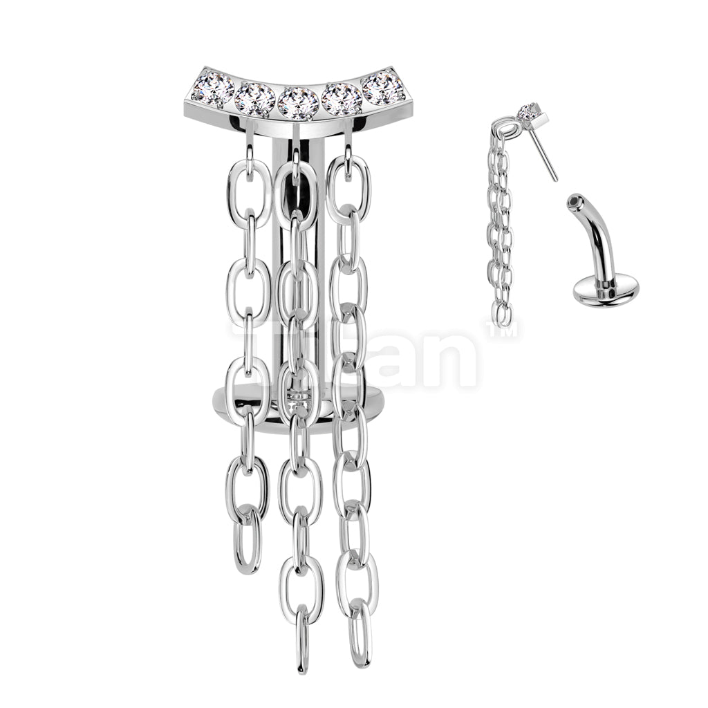 Implant Grade Titanium Threadless Floating Base Belly Button Ring With CNC CZ Set Curve and Triple Chain Dangle Top - Image 2