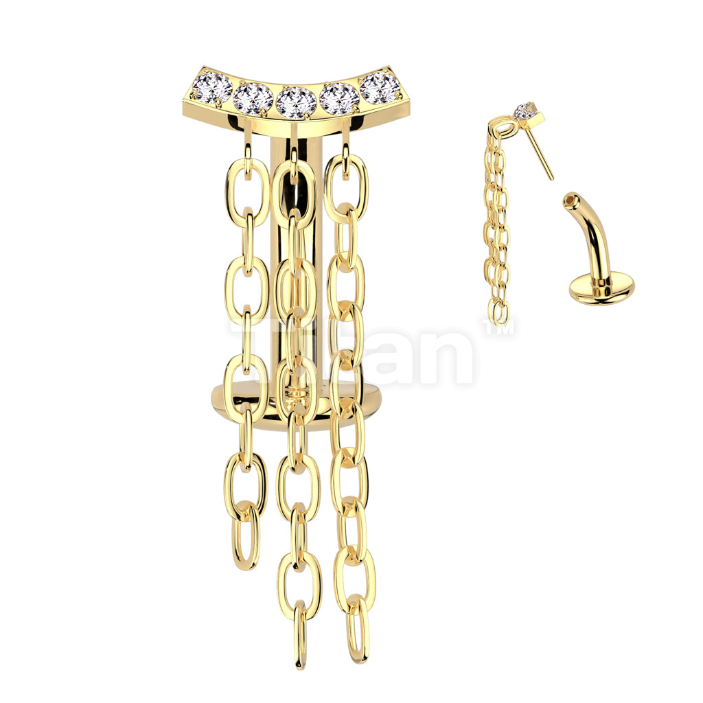 Implant Grade Titanium Threadless Floating Base Belly Button Ring With CNC CZ Set Curve and Triple Chain Dangle Top - Image 3