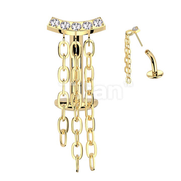 Implant Grade Titanium Threadless Floating Base Belly Button Ring With CNC CZ Set Curve and Triple Chain Dangle Top - Image 3