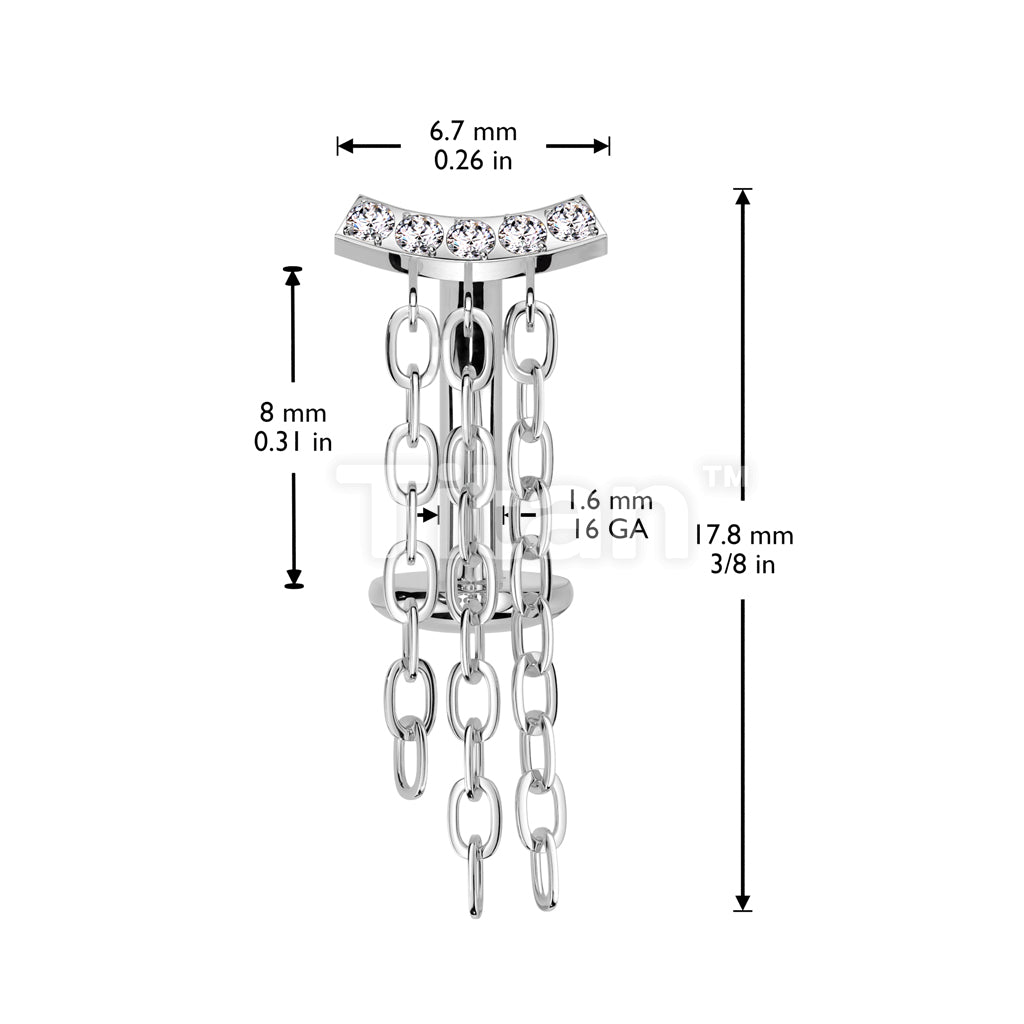 Implant Grade Titanium Threadless Floating Base Belly Button Ring With CNC CZ Set Curve and Triple Chain Dangle Top - Image 4