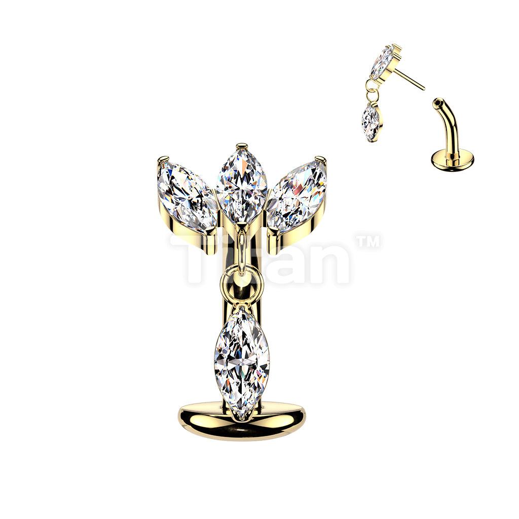 Titanium Threadless Floating Base Belly Button Ring With Triple Marquise CZ Fan Top and Marquise CZ Dangle - Image 3
