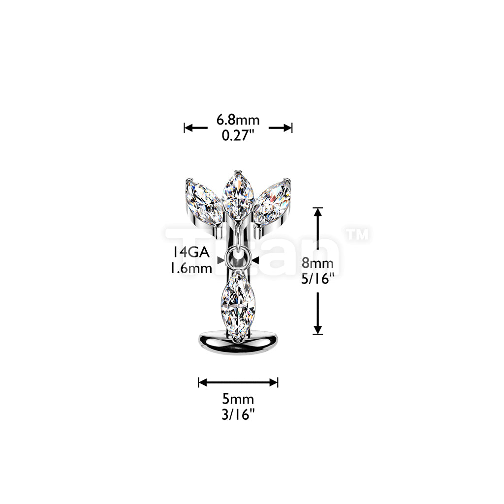Titanium Threadless Floating Base Belly Button Ring With Triple Marquise CZ Fan Top and Marquise CZ Dangle - Image 4