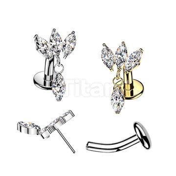Titanium Threadless Floating Base Belly Button Ring With Triple Marquise CZ Fan Top and Marquise CZ Dangle
