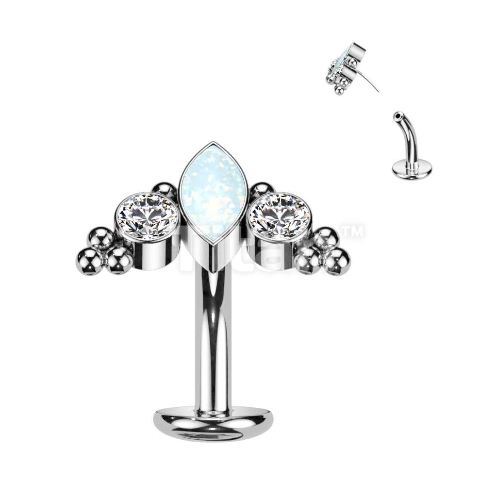 Titanium Threadless Floating Base Belly Button Ring With Marquise CZ or Opal Center Surrounded by CZs and Ball Clusters Top - Image 2