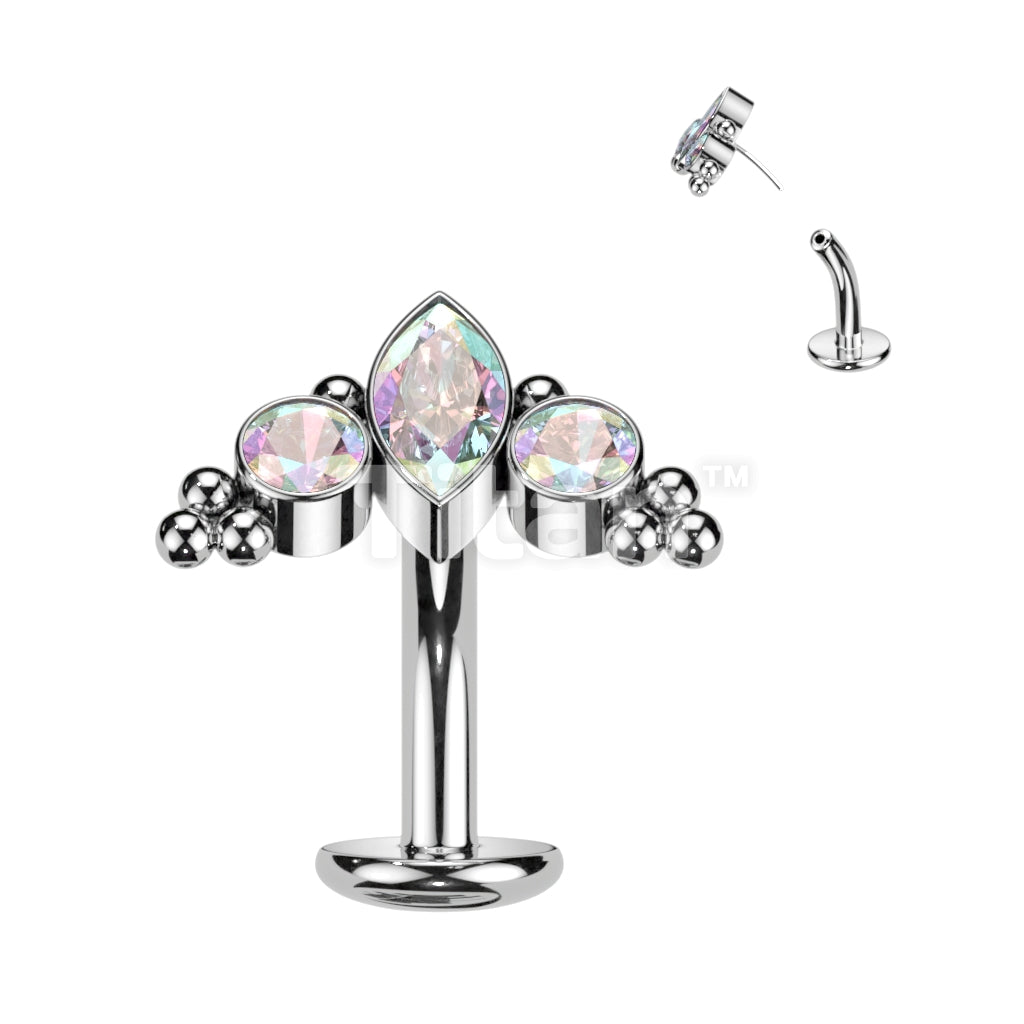 Titanium Threadless Floating Base Belly Button Ring With Marquise CZ or Opal Center Surrounded by CZs and Ball Clusters Top - Image 3