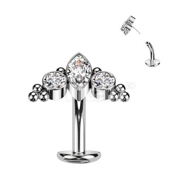Titanium Threadless Floating Base Belly Button Ring With Marquise CZ or Opal Center Surrounded by CZs and Ball Clusters Top - Image 4