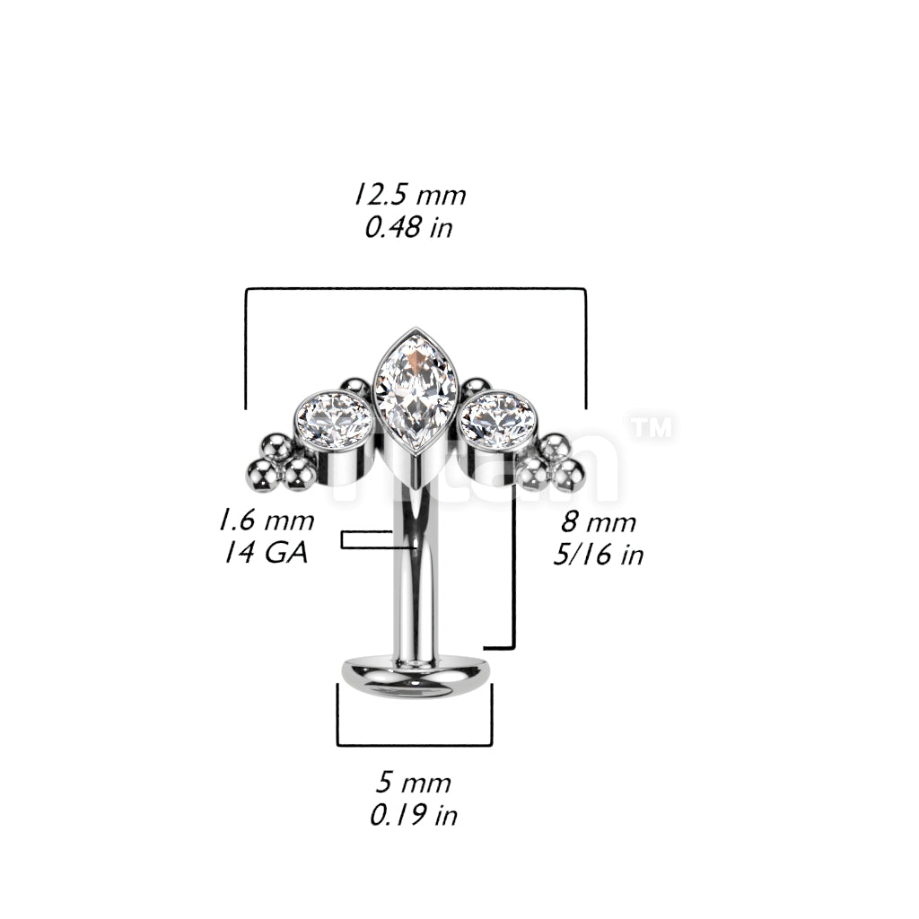 Titanium Threadless Floating Base Belly Button Ring With Marquise CZ or Opal Center Surrounded by CZs and Ball Clusters Top - Image 6