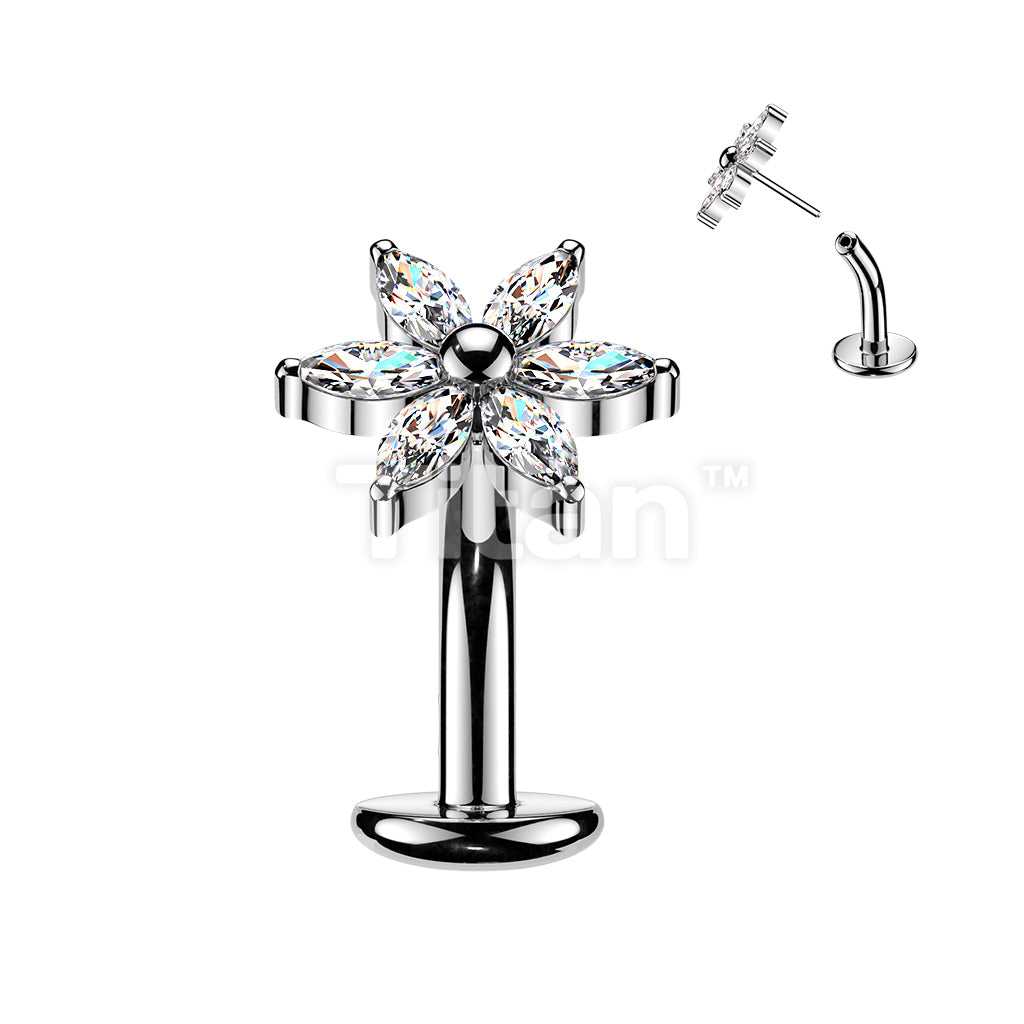 Titanium Threadless Floating Base Belly Button Ring With 6 Marquise CZ Petals Flower - Image 2
