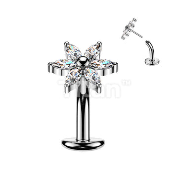 Titanium Threadless Floating Base Belly Button Ring With 6 Marquise CZ Petals Flower - Image 2