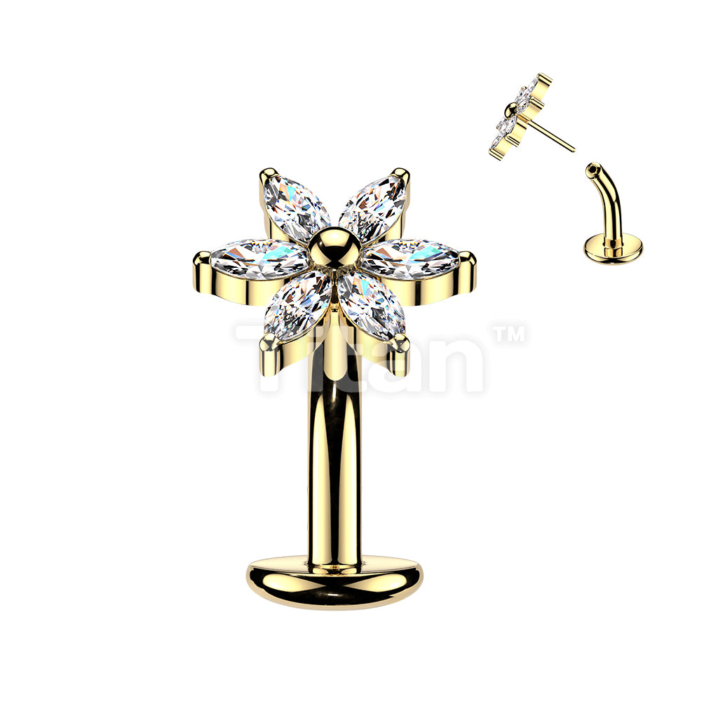 Titanium Threadless Floating Base Belly Button Ring With 6 Marquise CZ Petals Flower - Image 3