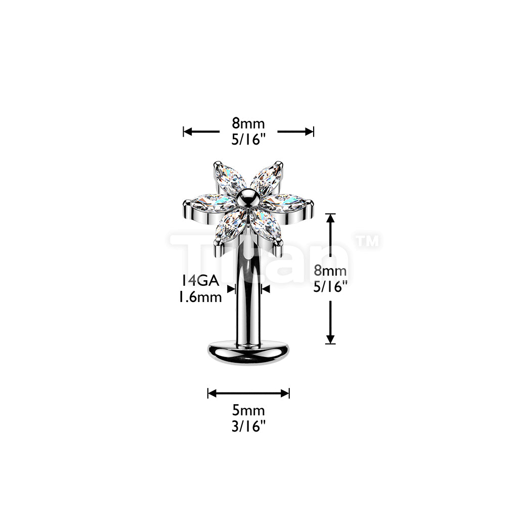 Titanium Threadless Floating Base Belly Button Ring With 6 Marquise CZ Petals Flower - Image 4
