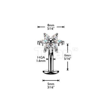 Titanium Threadless Floating Base Belly Button Ring With 6 Marquise CZ Petals Flower - Image 4