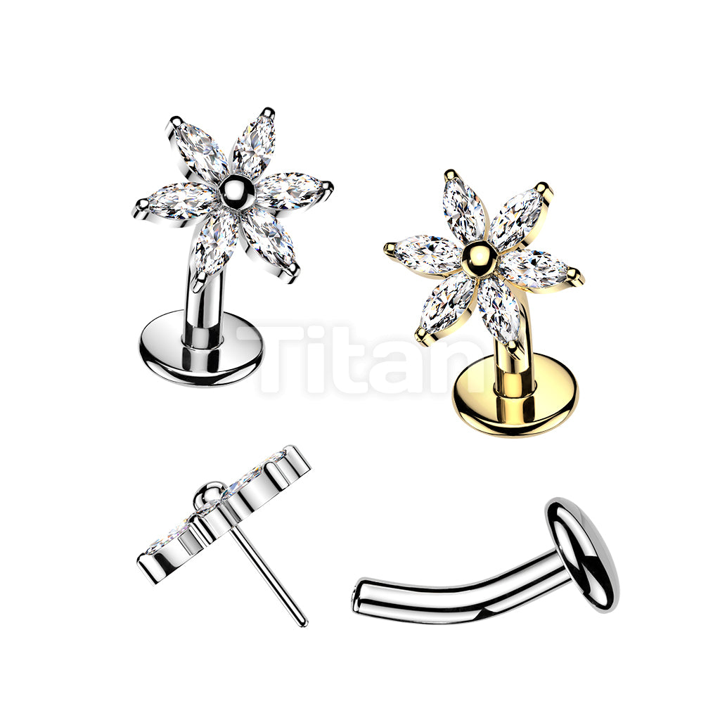 Titanium Threadless Floating Base Belly Button Ring With 6 Marquise CZ Petals Flower
