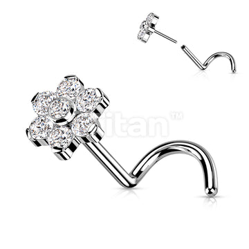 Implant Grade Titanium Threadless Push in Nose Screw With Bezel Set Center and Prong Set Petals CZ or Opal Flower Top - Image 3