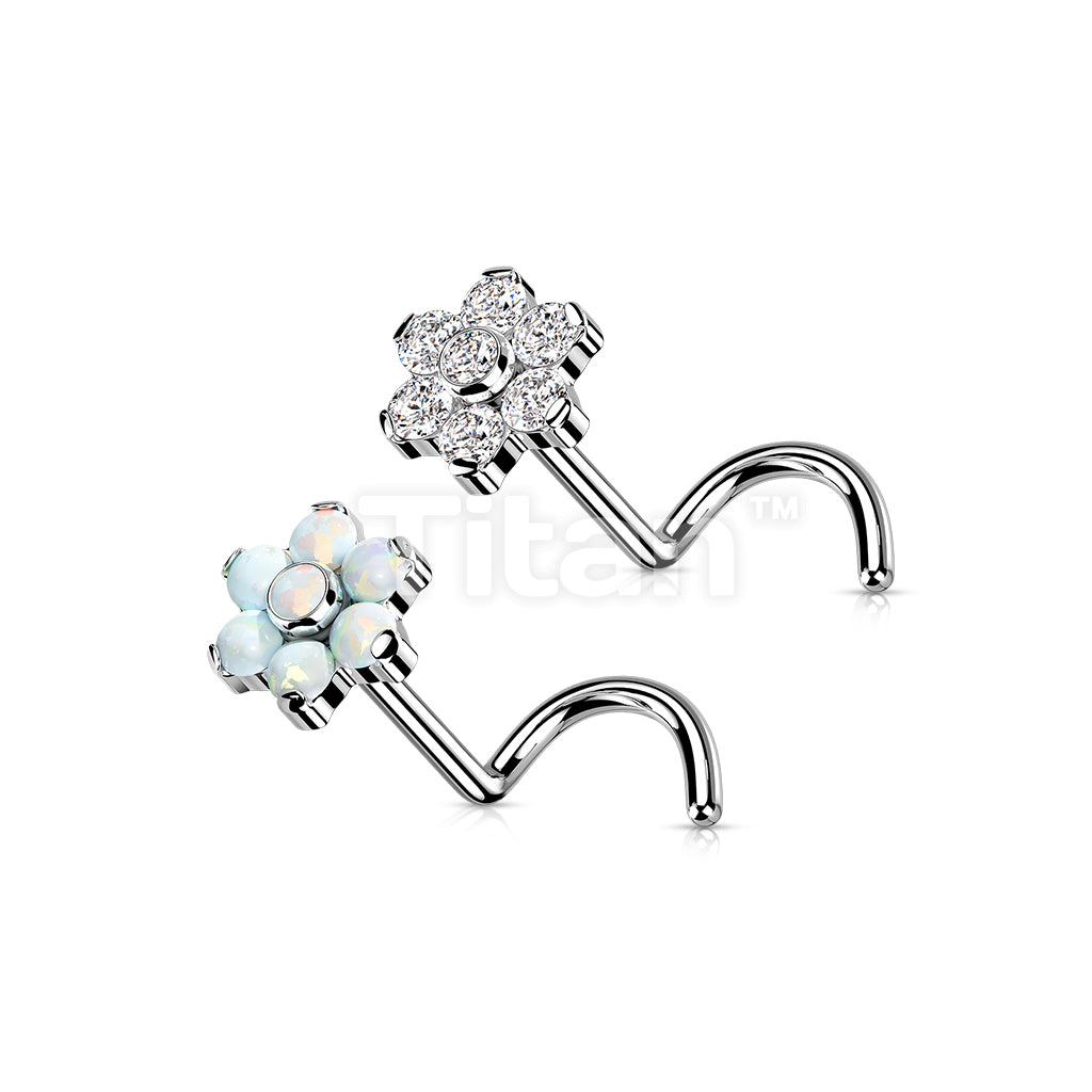 Implant Grade Titanium Threadless Push in Nose Screw With Bezel Set Center and Prong Set Petals CZ or Opal Flower Top - Image 6
