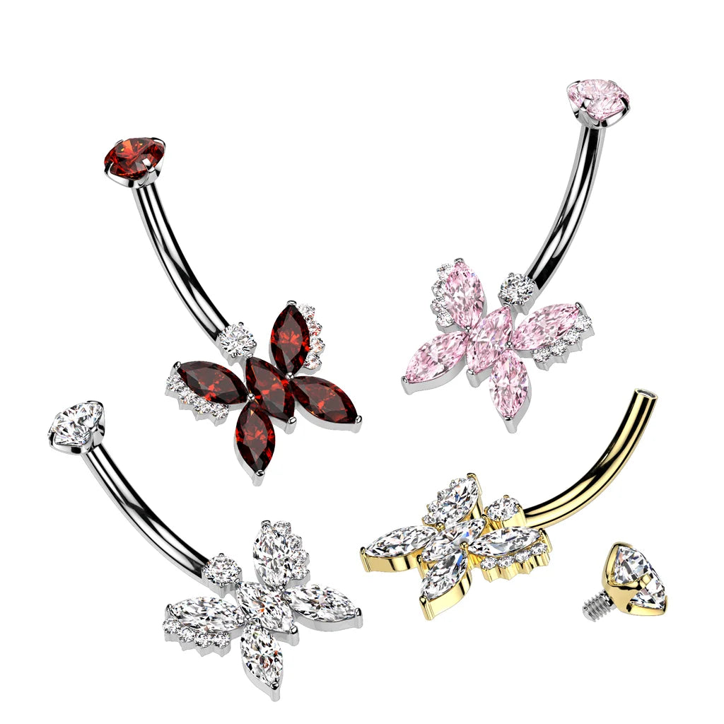 Implant Grade Titanium Internally Threaded 5 Marquise CZ Butterfly With Round CZ Prong Set Top Belly Button Ring
