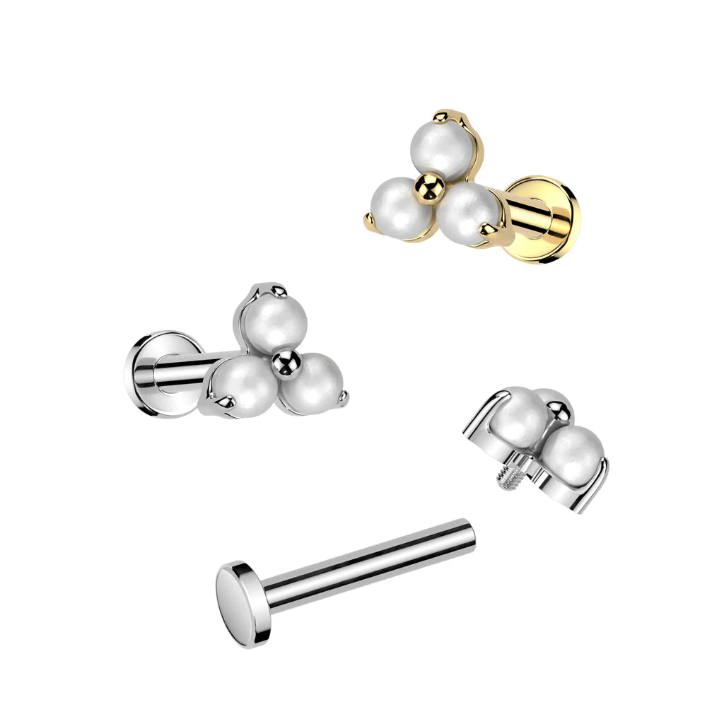 Implant Grade Titanium Internally Threaded Flat Back Stud With Pearl Prong Set Triangle Top