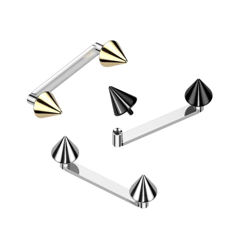 Implant Grade Titanium Internally Threaded Flat Surface Barbell With 2mm Rise and Titanium Spike Tops