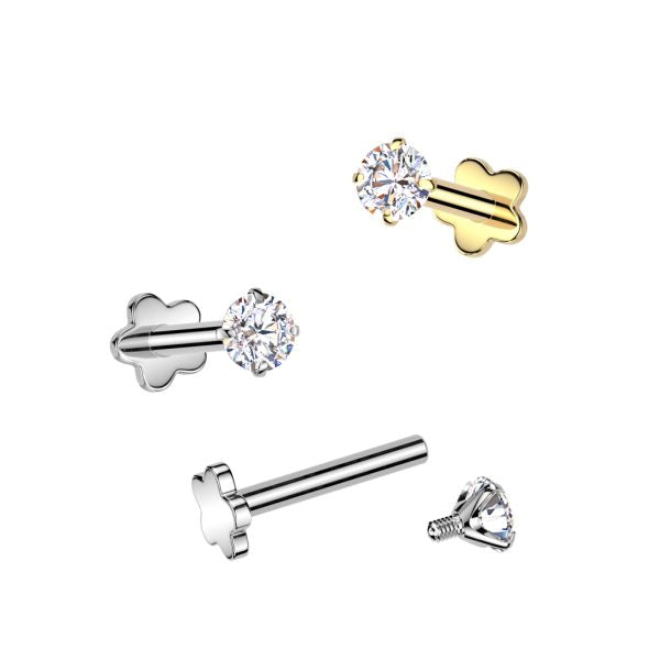 Implant Grade Titanium Internally Threaded Flower Base Flat Back Stud With Prong Set Round CZ Top