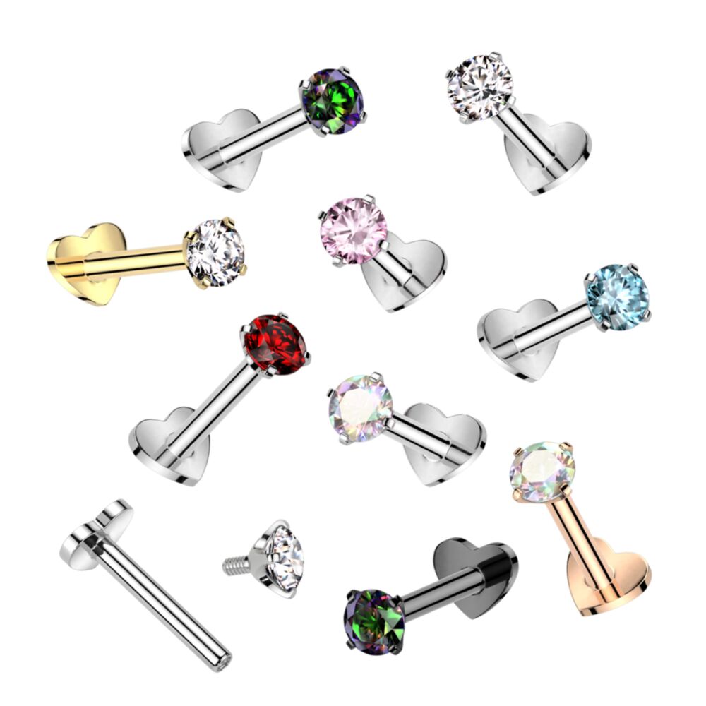 Implant Grade Titanium Internally Threaded Heart Base Labret With Prong Set CZ Top
