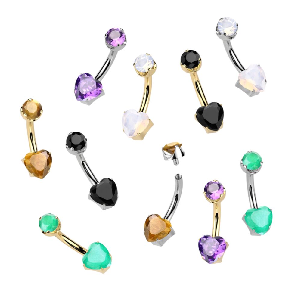 Implant Grade Titanium Internally Threaded Heart Prong Set Natural Gem Stone Belly Button Navel Ring With Semi-Bezel Set Top
