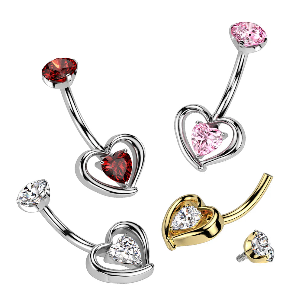 Implant Grade Titanium Internally Threaded Hollow 3D Heart With Prong Set Heart CZ Center Belly Button Ring