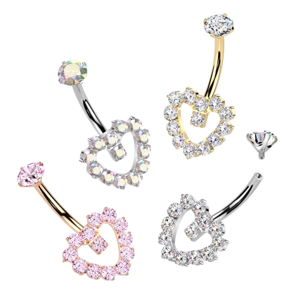 Implant Grade Titanium Internally Threaded Hollow CNC CZ Pave Heart Belly Button Ring With Round CZ Prong Set Top