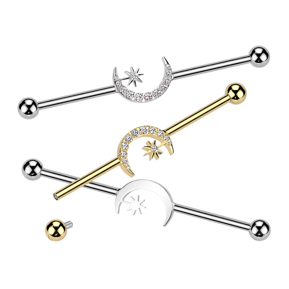 Implant Grade Titanium Internally Threaded Industrial Barbell With CNC Set CZ Crescent Moon and CZ Star