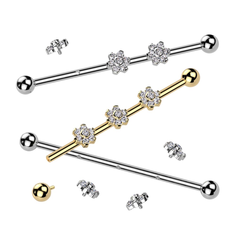 Implant Grade Titanium Internally Threaded Industrial Barbell With Three Titanium 6-CZ Flowers on Threaded Bar