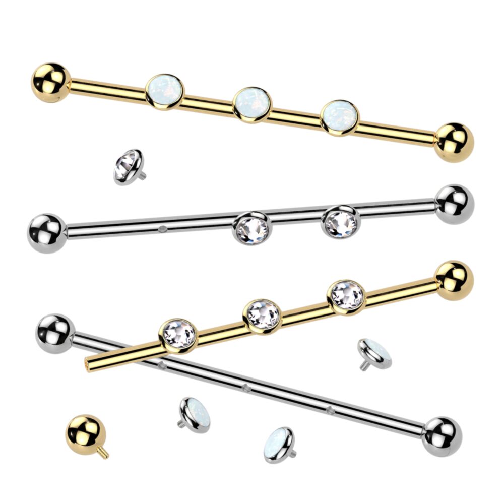 Implant Grade Titanium Internally Threaded Industrial Barbell With Three Titanium Flat Bezel Set Crystal or Opal Top on Threaded Bar