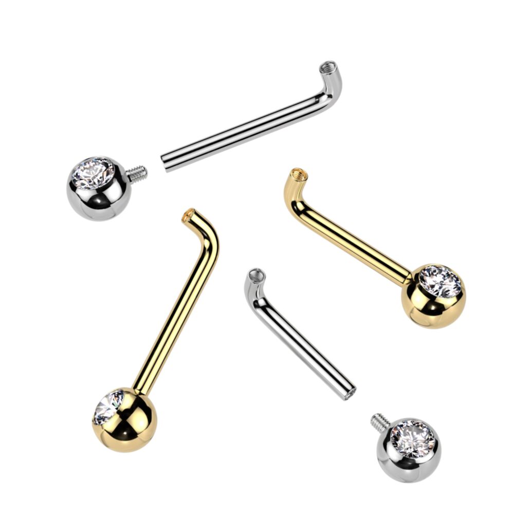Implant Grade Titanium Internally Threaded L Bent Christina Piercing Barbell With Pressed Fit Gem End