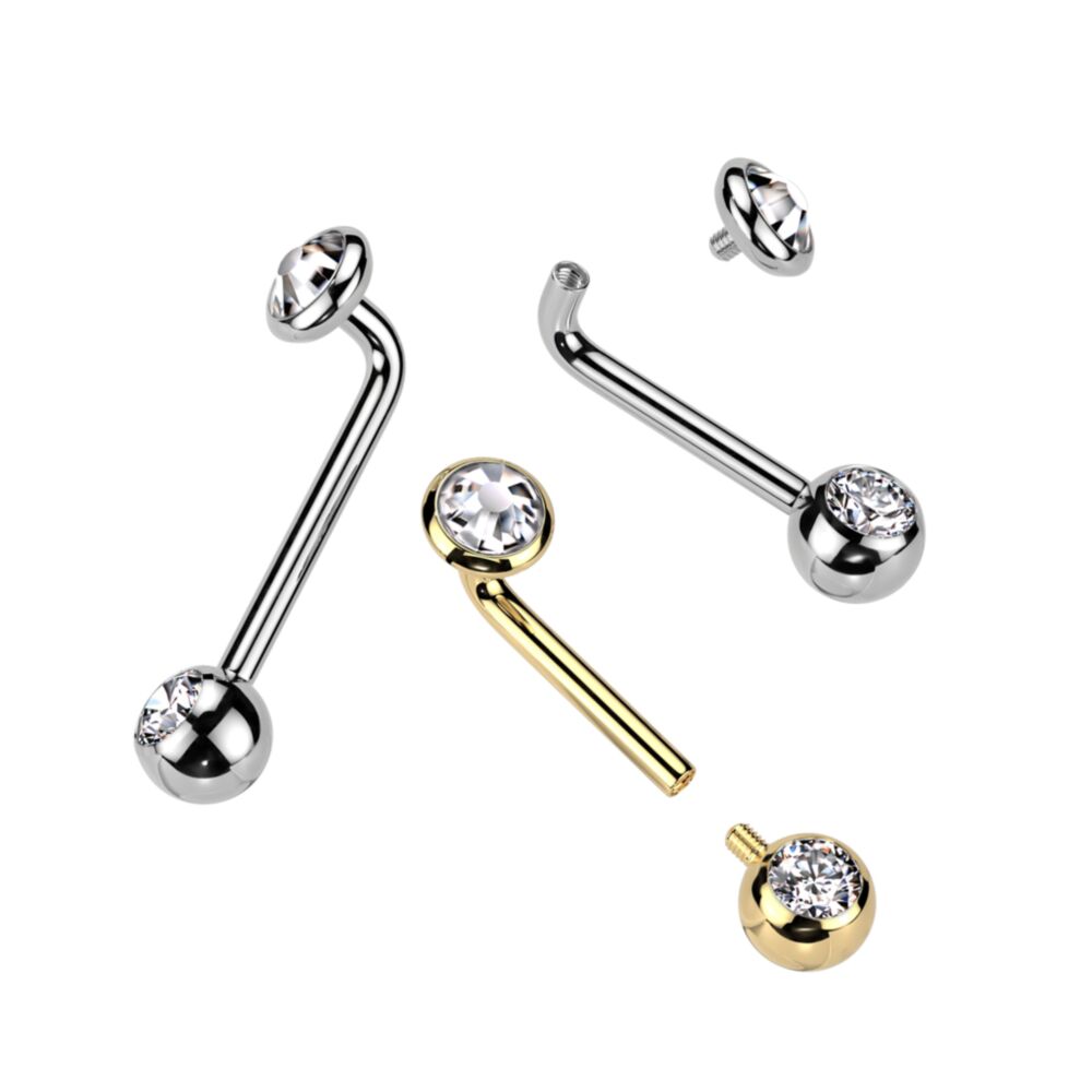 Implant Grade Titanium Internally Threaded L Bent Christina Piercing Jewelry With Flat Bezel Set and Pressed Fit Gem End