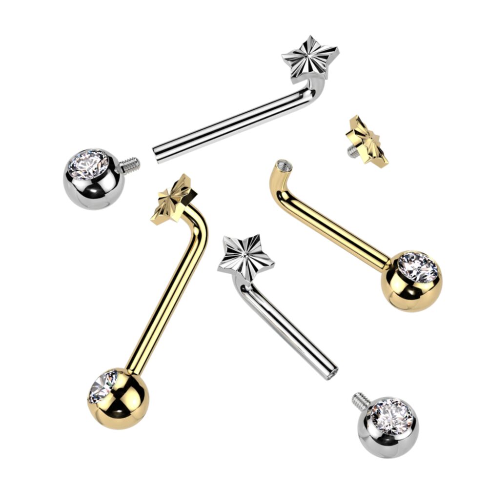 Implant Grade Titanium Internally Threaded L Bent Christina Piercing Jewelry With Star Diamond Cut Top and Pressed Fit Gem End