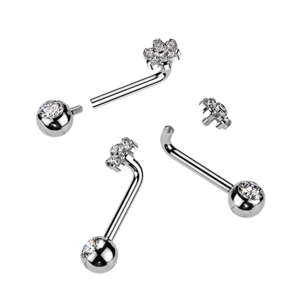 Implant Grade Titanium Internally Threaded L Bent Christina Piercing With CZ Flower Top and Pressed Fit Gem End